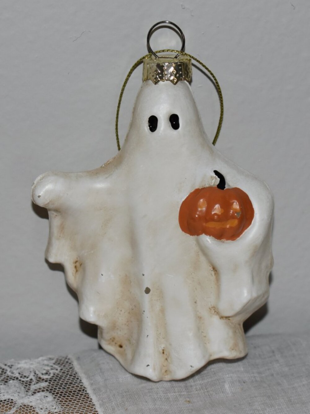 Vintage Retro Glass Spooky Sheet Ghost Jack O Lantern Pumpkin Halloween Ornament